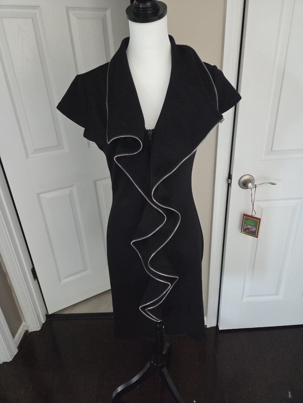 Samuel Dong Black Ruffled Zip-Front Women's Dress Medium